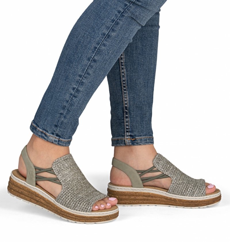 Sandałki damskie 41 RIEKER 62741 zielone na koturnie platformie