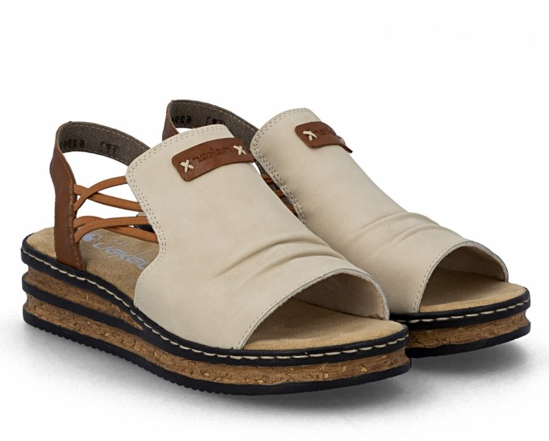 Sandałki beżowe 39 RIEKER 62962 beż na koturnie platformie