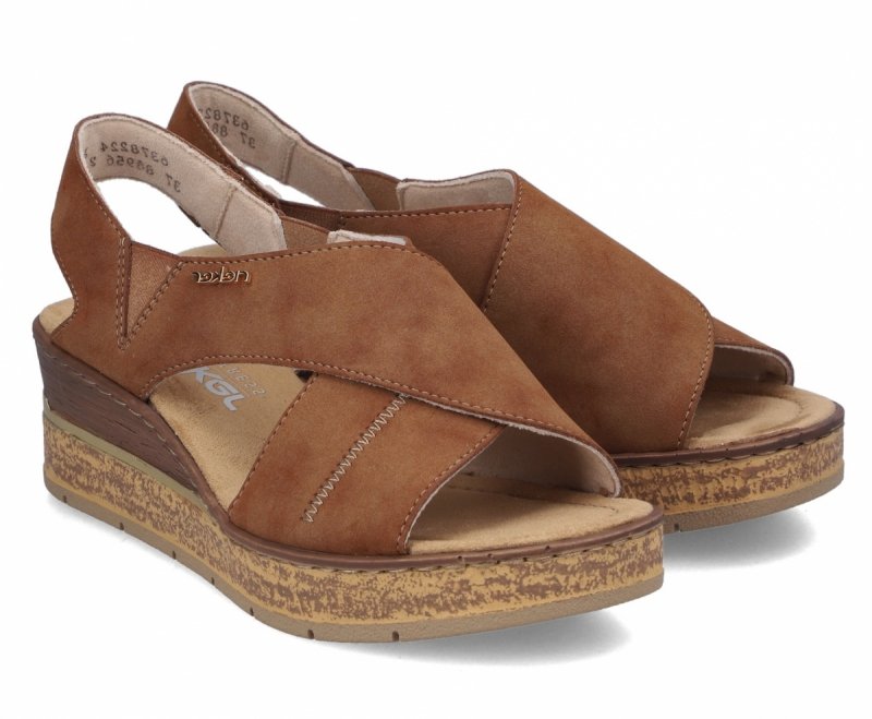 Sandałki brązowe 41 RIEKER 63782 brąz na koturnie platformie