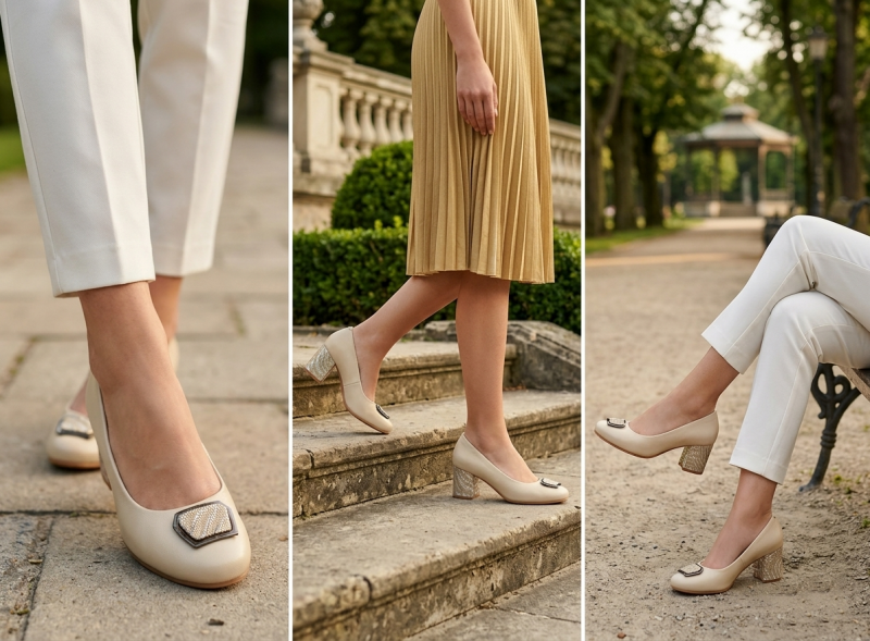 Czółenka 39 POTOCKI 19411 skóra beżowe na obcasie beż skórzane