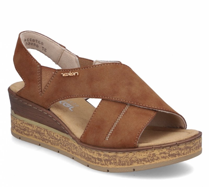 Sandałki brązowe 37 RIEKER 63782 brąz na koturnie platformie