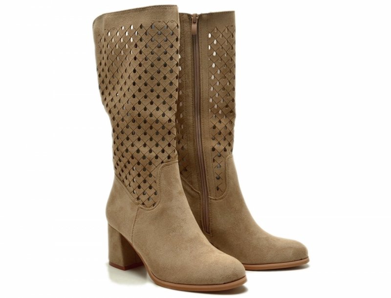 Kozaki 39 Daszyński beżowe ażurowane 156 beż na obcasie