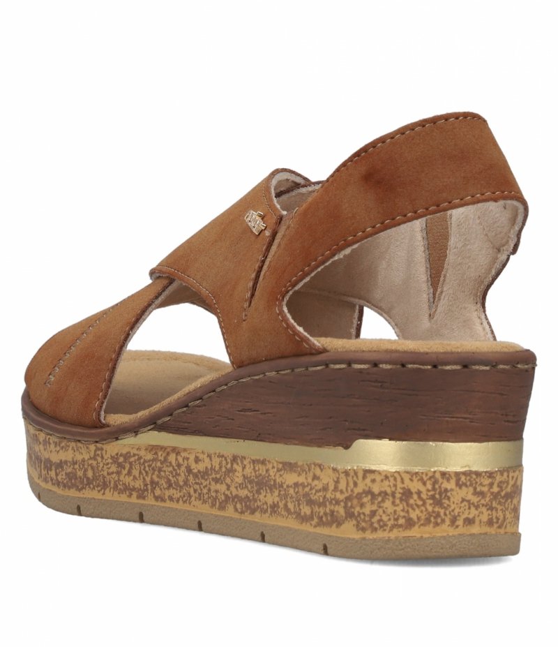 Sandałki brązowe 37 RIEKER 63782 brąz na koturnie platformie
