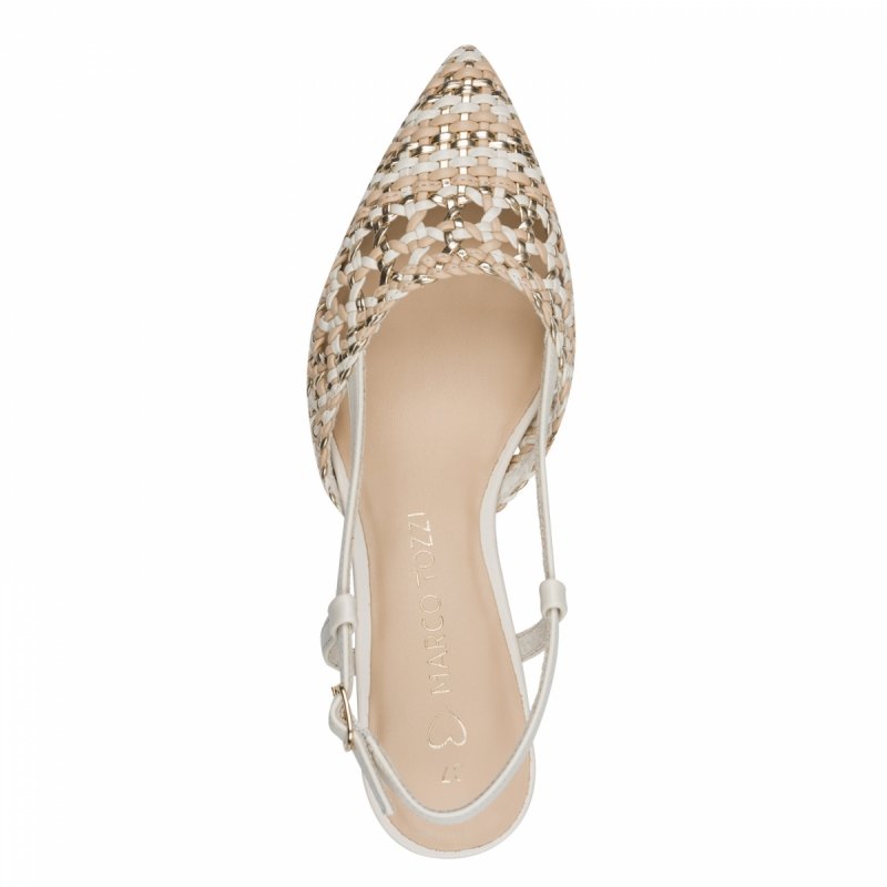 Czółenka beżowe kremowe 41 MARCO TOZZI 29502 kaczuszki z odkrytą piętą złote plecione