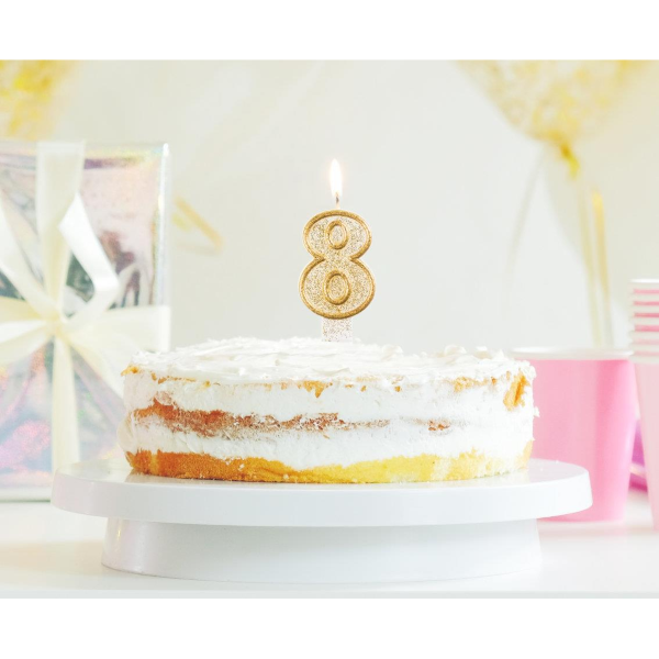 Świeczka urodzinowa na tort brokatowa ZŁOTA CYFRA 8