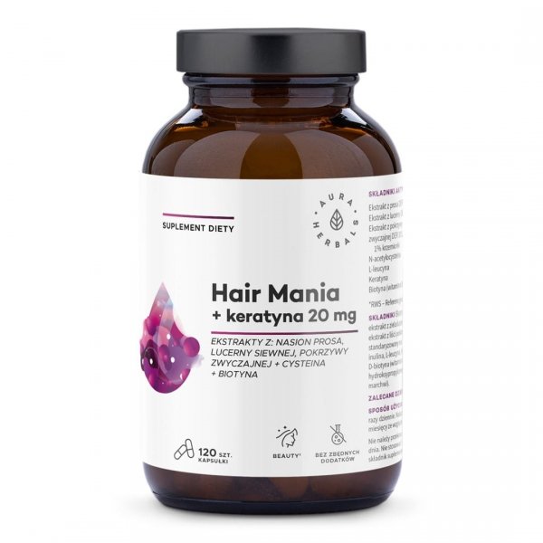 Hair Mania + keratyna 20 mg, Aura Herbals, 120 kapsułek