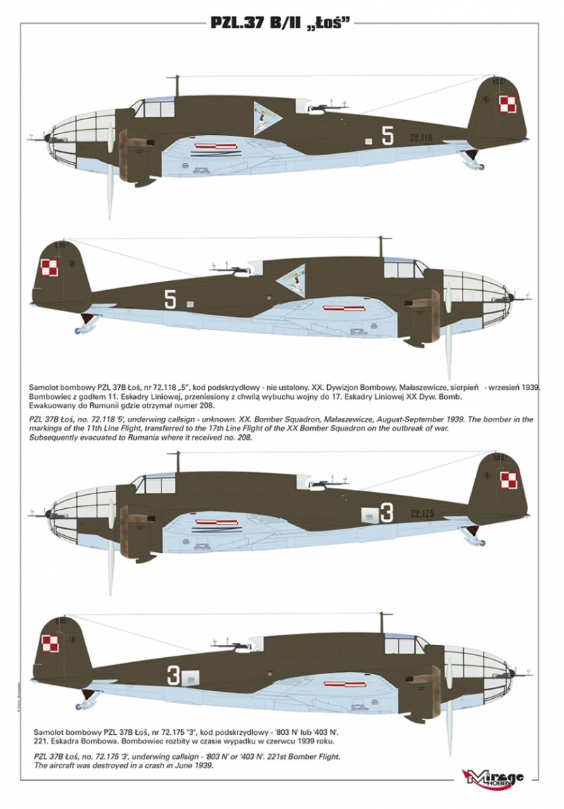 Mirage 481310 1/48 PZL.37 B/II ŁOŚ Samolot Bombowy, DRUGA SERIA Produkcyjna