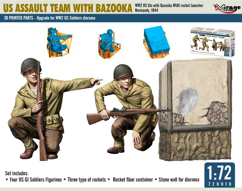 MIRAGE 720010    1:72 US ASSAULT TEAM WITH BAZOOKA, WW2 US GIs with Bazooka M1A1 Rocket Launcher Normandy, 1944 