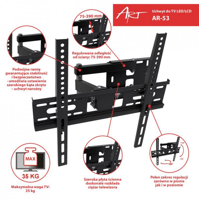 UCHWYT DO TV LCD/LED 22-55&quot; 35KG AR-53 ART reg. pion i poziom