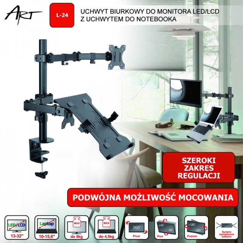 UCHWYT BIURKOWY DO MONITORA LED/LCD 13-32&quot; + notebooka L-24 ART