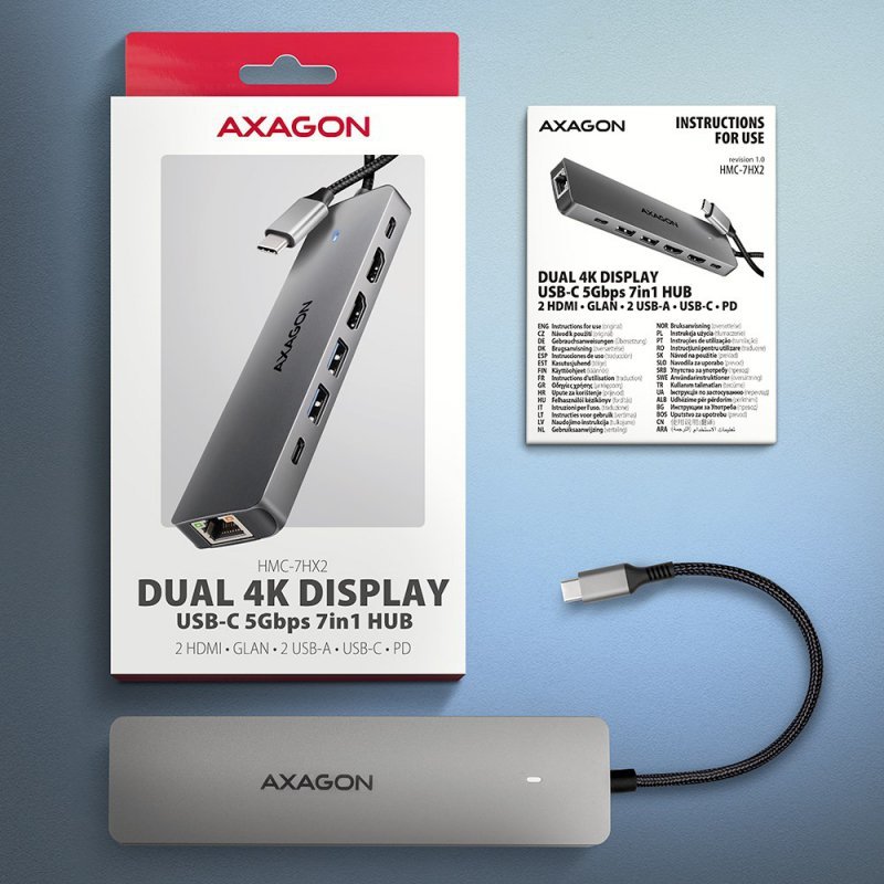 AXAGON HMC-7HX2 Hub USB, 2x USB-A, 1x USB-C, 2x HDMI 2.0, 1x RJ45, 100 W PD – srebrny