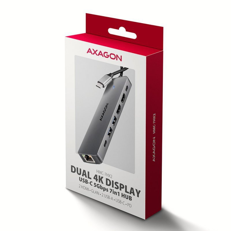 AXAGON HMC-7HX2 Hub USB, 2x USB-A, 1x USB-C, 2x HDMI 2.0, 1x RJ45, 100 W PD – srebrny