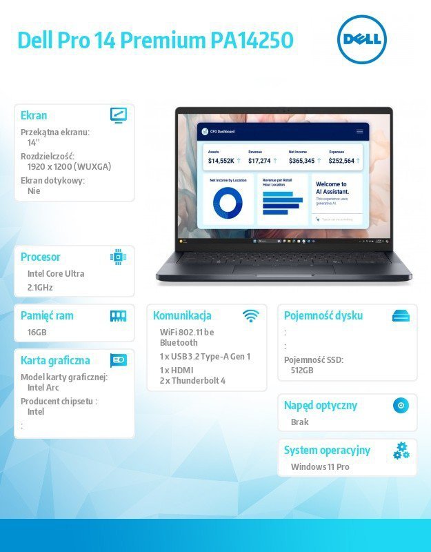 Dell Laptop Dell Pro 14 Premium PA14250 W11P Ultra 5 236V/16GB/512GB/14.0 FHD+ 300nit/Arc/FgrPr/Cams&Mic/WLAN+BT/BcklKb/3C/vPro/