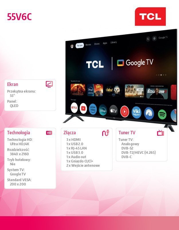 TCL Telewizor LED 55 cali 55V6C