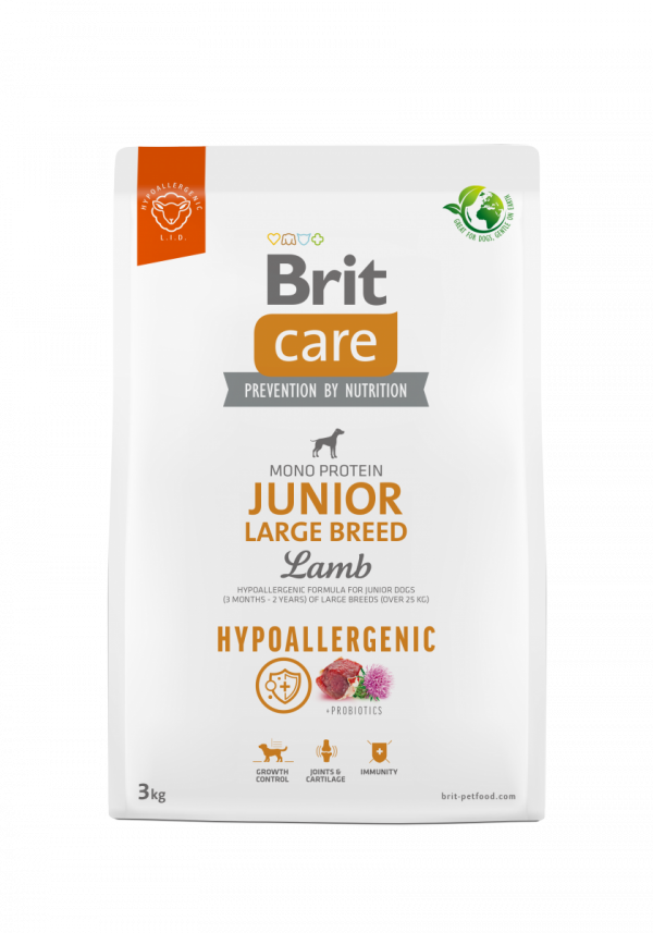 opakowanie suchej karmy Brit Care Hypoallergenic Dog Junior Large Breed Lamb 3kg front