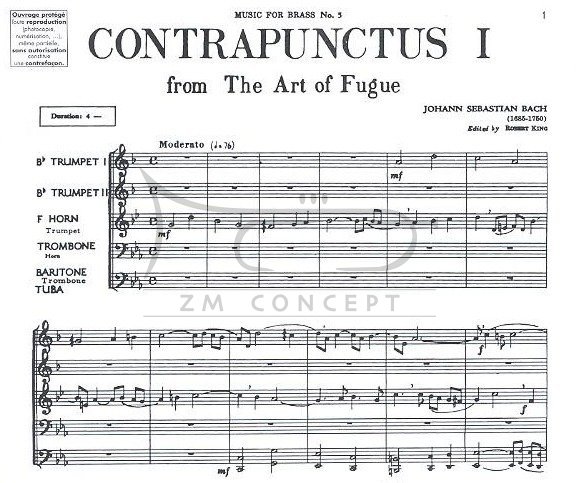 Bach Johann Sebastian: Contrapunctus I -  from The Art of Fugue - (Music For Brass No.5)  (na kwintet blaszany) - partytura i głosy