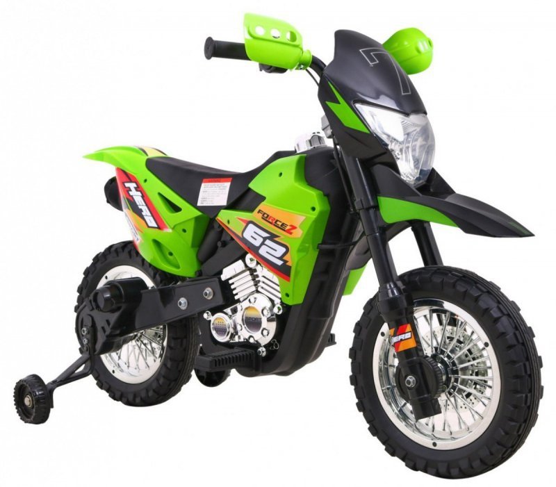 Motorek Cross dla dzieci Pojazd na akumulator Zielony + Pomocnicze kółka + Dźwięki LED