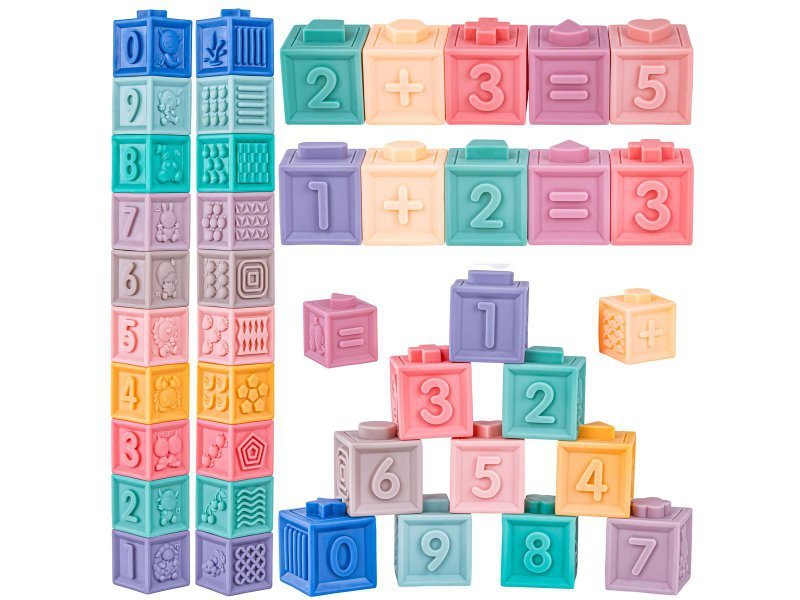 Klocki Sensoryczne dla malucha, Miękkie Klocki, Cyferki, Figury geometryczne, Kształty, Wieża 23 sztuki