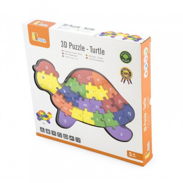 Edukacyjne Puzzle 3D Drewniana Układanka Alfabet Cyferki Żółw Viga