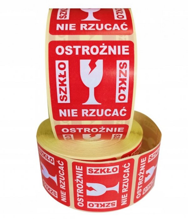 Etykieta ostrzegawcza &quot;OSTROŻNIE SZKŁO NIE RZUCAĆ&quot; 55x55mm papierowa na roli (1000szt) BULK