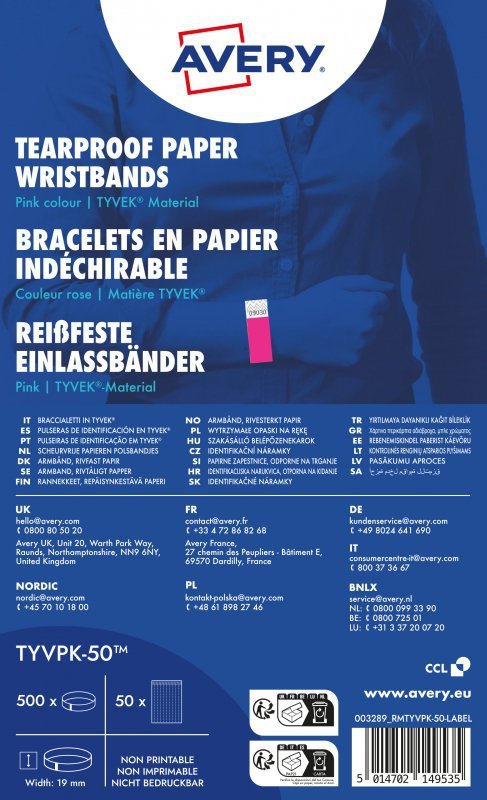 Opaski na rękę 256x19mm (50 arkuszy = 500 opasek) neonowe różowe TYVPK-50 AVERY