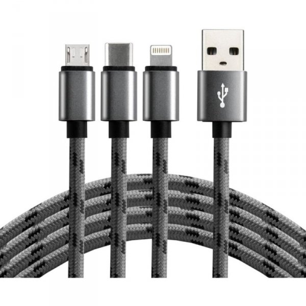 Kabel USB-A -&gt; USB-C/microUSB/Lightning 3w1 1,2m 2,4A pleciony czarny EVERACTIVE (CBB-1.2MCI)
