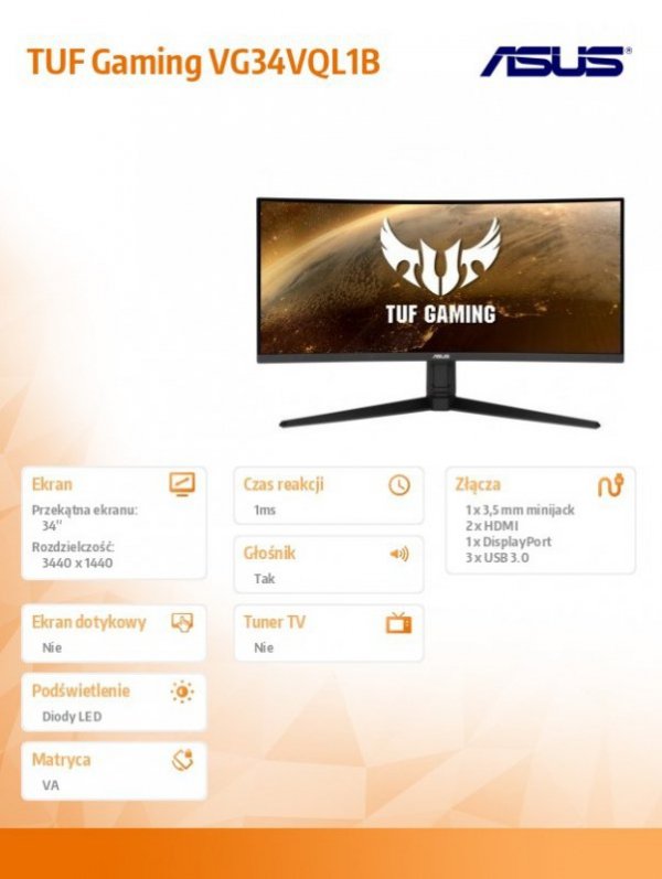 Asus Monitor 34 cale VG34VQL1B UWQHD 21:9 1500R 165Hz 1MS HDMIx2 DPx2 USB3.1x4 Głośnik PBP PIP