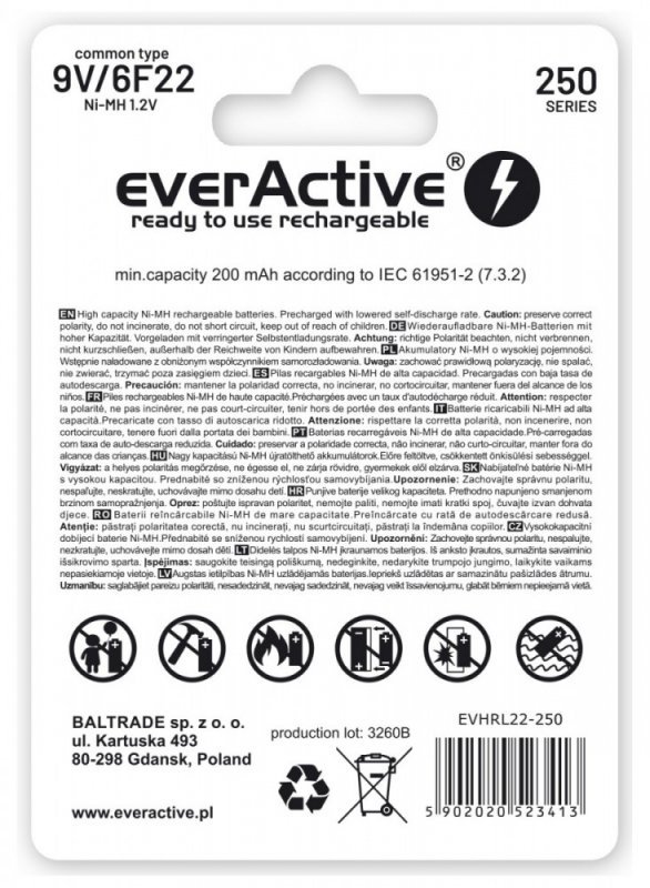 everActive Akumulatorek 6F22/9V NI-MH 250 mAh 1 szt. ready to use