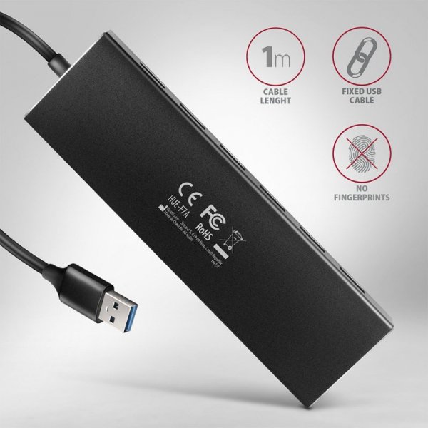 AXAGON HUE-F7A Hub 7-portowy USB 3.2 Gen 1 ALU FLAT, micro USB, 1m USB-A kabel