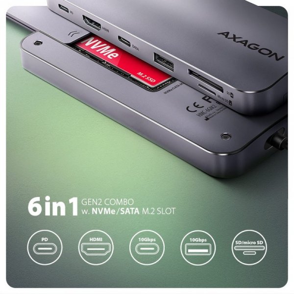 AXAGON HMC-6GM2 Wieloportovy hub USB 6in1, 10Gbps, USB-A, USB-C, HDMI 4K/60Hz, M.2 NVMe/SATA, SD/microSD, PD 100W, 20cm USB-C ka