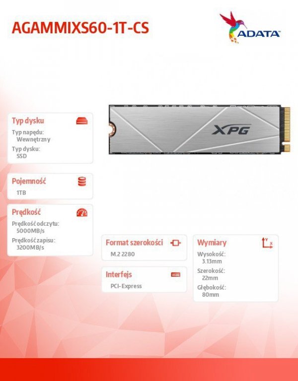 Adata Dysk SSD XPG S60 1TB PCIe 4x4 5/3.2GB/s M2