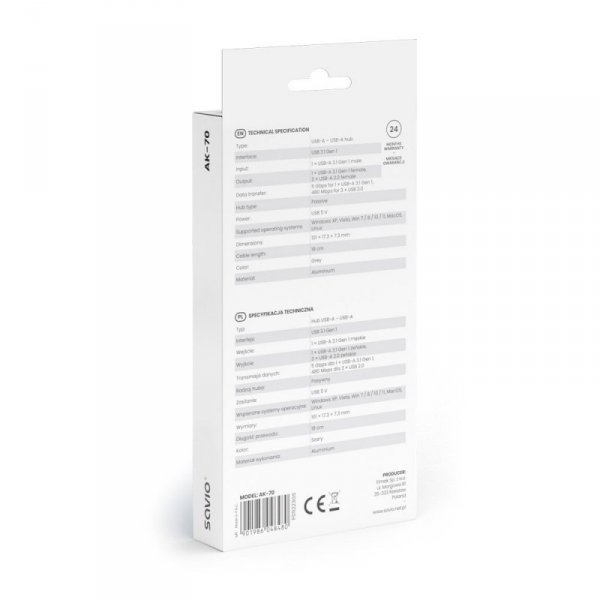 Savio Hub 4 porty USB-A - 3 x USB-A 2.0, 1 x USB-A 3.0, 5 Gbps, Aluminium, AK-70