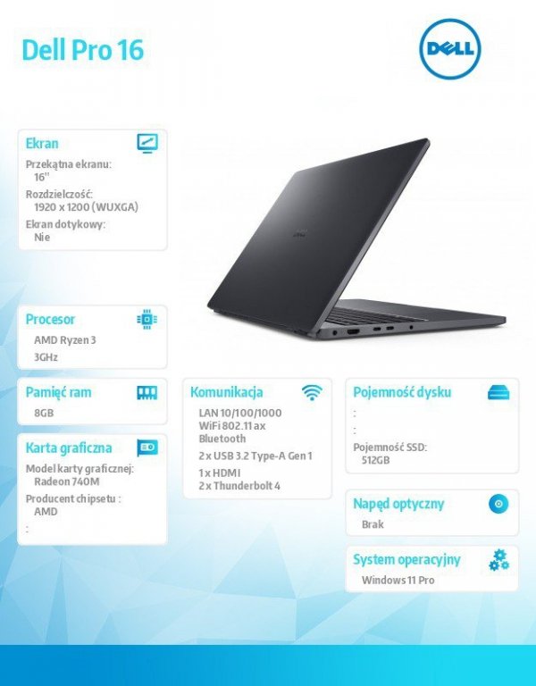 Dell Laptop Dell Pro 16 PC16255/AMD Ryzen 3 210/8GB/512GB SSD/16.0 FHD+/Radeon 740M/FgrPr/FHD/IR Cam/Mic/WLAN+BT/Backlit Kb/3Cel