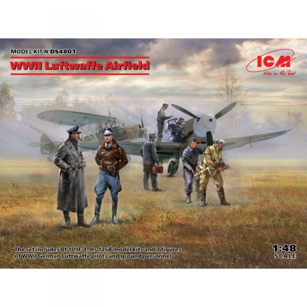 ICM DS4801 WWII Luftwaffe Airfield (Messerschmitt Bf 109F-4, Hs 126 B-1, German Luftwaffe Pilots and Ground Personnel (7 figures