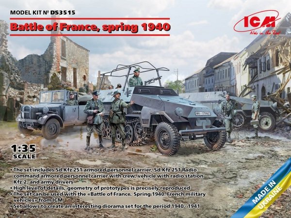 ICM DS3515 Battle of France, spring 1940. German combat vehicles (Sd.Kfz.251/1 Ausf.A, Sd.Kfz.251/6 Ausf.A, le.gl.Einheitz-Pkw Kf 1/35