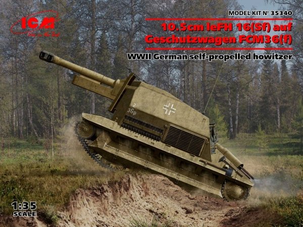ICM 35340 10.5cm leFH 16(Sf) auf Geschutzwagen FCM36(f), WWII German self-propelled howitzer 1/35