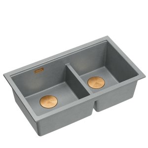 QUADRON | LOGAN 120 | granitowy zlewozmywak kuchenny SILVER STONE + MIEDŹ PVD | wymiar: 76 x 45 x 23,5 cm | 2-komorowy wpuszczany | podbudowa szafki od: 80 cm HQL7645U5PVDC1I