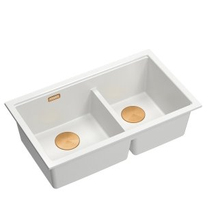 QUADRON | LOGAN 120 | granitowy zlewozmywak kuchenny SNOW WHITE + MIEDŹ PVD | wymiar: 76 x 45 x 23,5 cm | 2-komorowy wpuszczany | podbudowa szafki od: 80 cm HQL7645U1PVDC1I