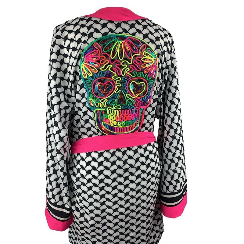 Kimono Checker Black Colorful Scull Short
