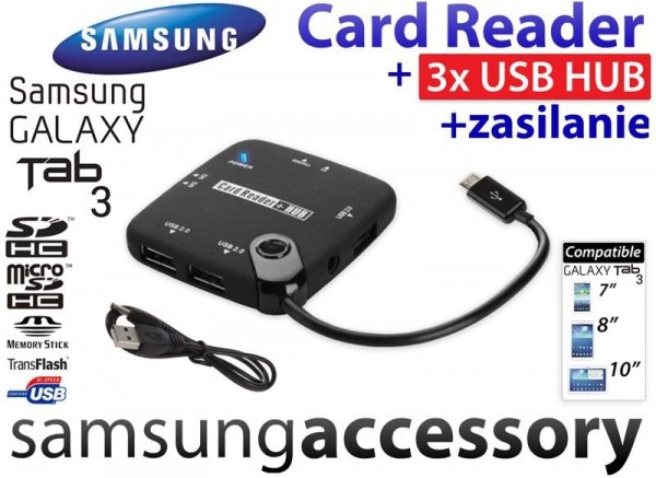 Card Reader + HUB 3 USB +zasilanie Samsung Galaxy Tab 3 Czytnik SD