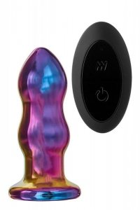 Dream Toys GLAMOUR GLASS REMOTE VIBE CURVED PLUG - wibrujący korek analny z pilotem (tęczowy)
