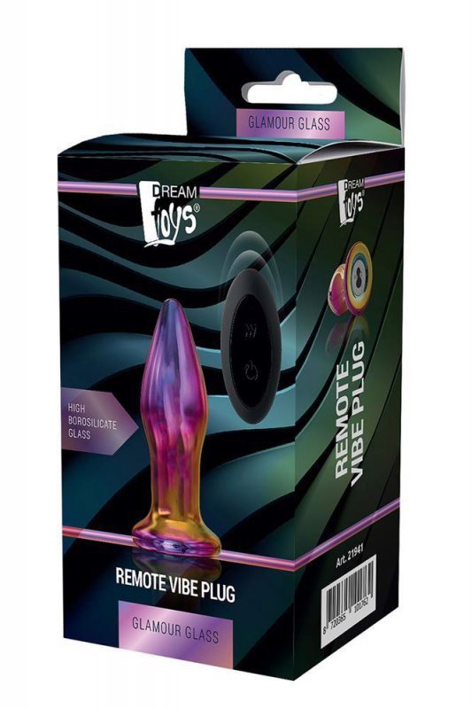 Dream Toys GLAMOUR GLASS REMOTE VIBE PLUG - wibrujący korek analny (tęczowy)