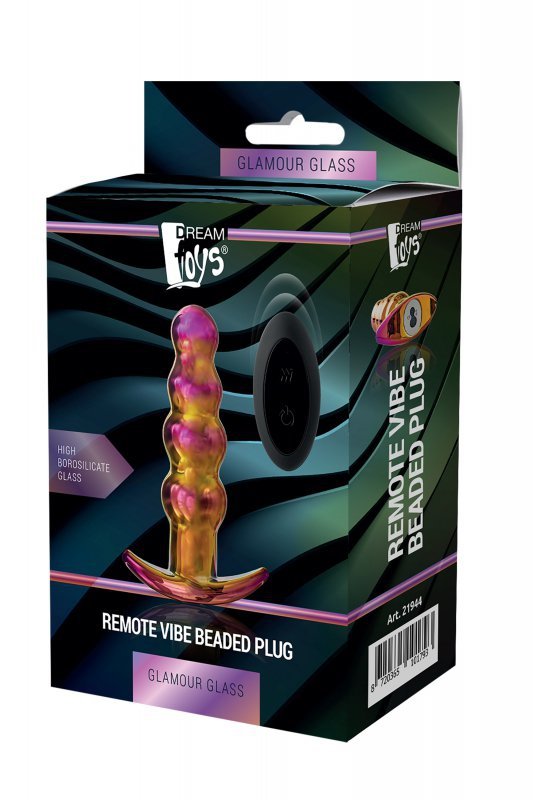 Dream Toys GLAMOUR GLASS REMOTE VIBE BEADED PLUG - wibrujący korek analny z pilotem (tęczowy)