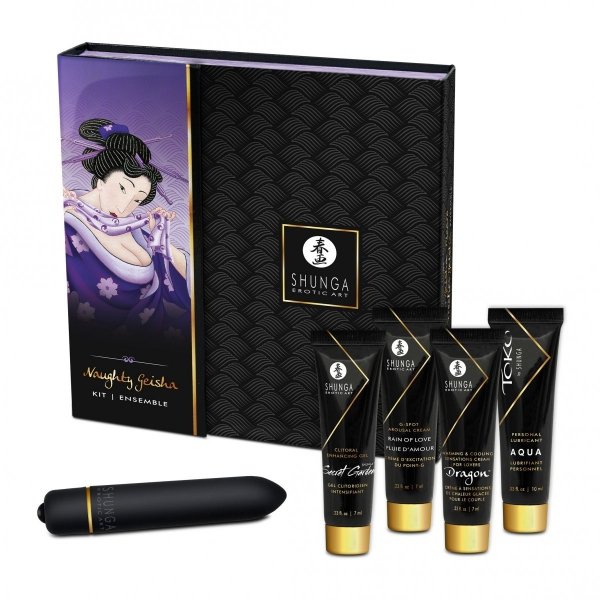 Shunga Naughty Geisha Kit - zestaw kosmetyków z mini wibratorem (wibrator + lubrykant Toko + żel Secret Garden + krem Dragon + krem Rain of Love)