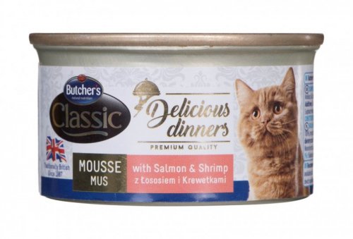 Butcher’s Delicious Dinners Cat - mokra karma dla kota z łososiem i krewetkami w formie musu - puszka 85 g