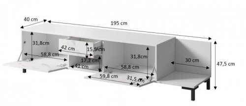 Szafka RTV MARMO 2D1S1K 195x40xH47,5 biały mat/marmur biały