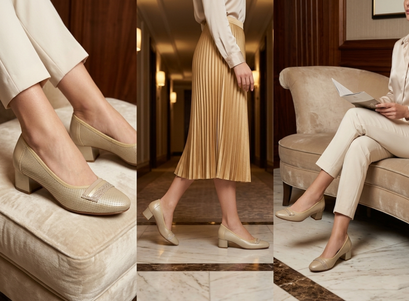 Czółenka 40 POTOCKI 12792 beżowe złote na obcasie beż ażurowane