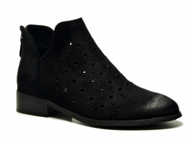 Botki 36 Potocki 12664 czarne ażurowane płaskie brązowe zamsz