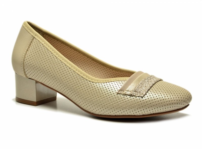 Czółenka 40 POTOCKI 12792 beżowe złote na obcasie beż ażurowane