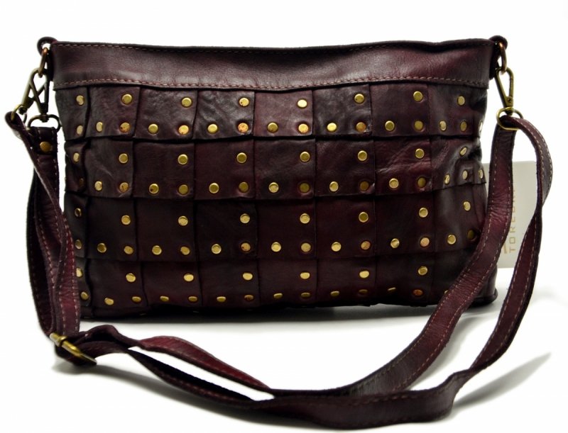 TOREBKA listonoszka MIKO skóra bordowa vintage bordo damska ćwieki